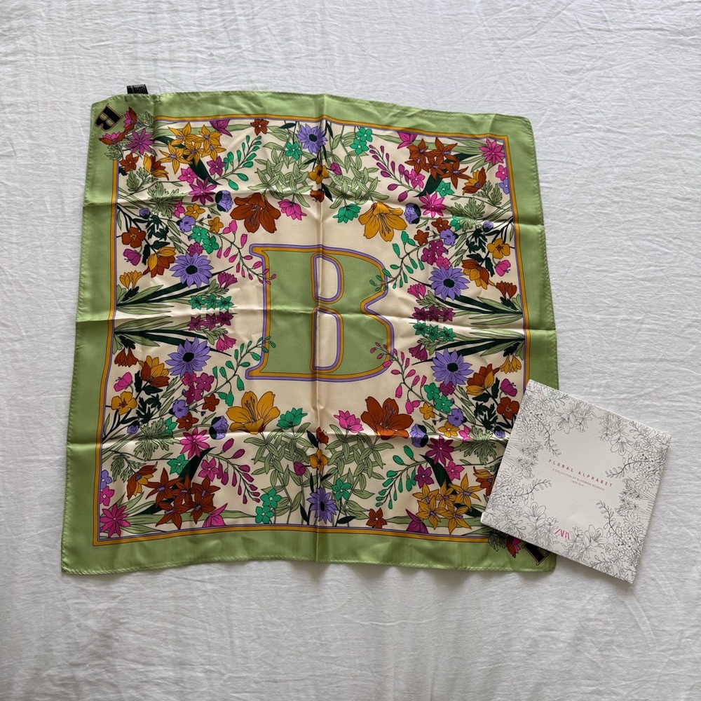Floral 100% Silk Scarf with B Monogram